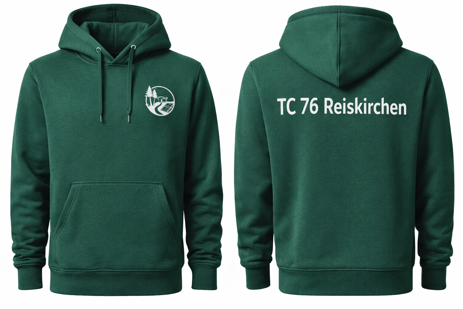 Vorder- und Rückseite des neuen TC 76 Reiskirchen Pullis in Smaragd
